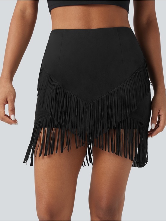 HALARA Dresses & Skirts - Halara Boho Fringe Skort Faux Suede Mini Skirt 2-in-1 Western Black M